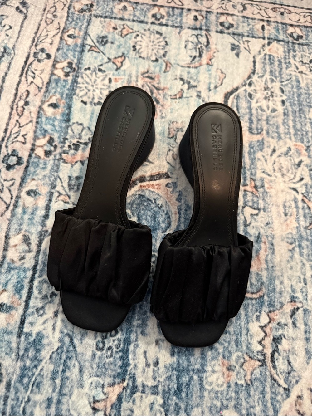 MERCEDES CASTILLO Black Ruched Slide Heels